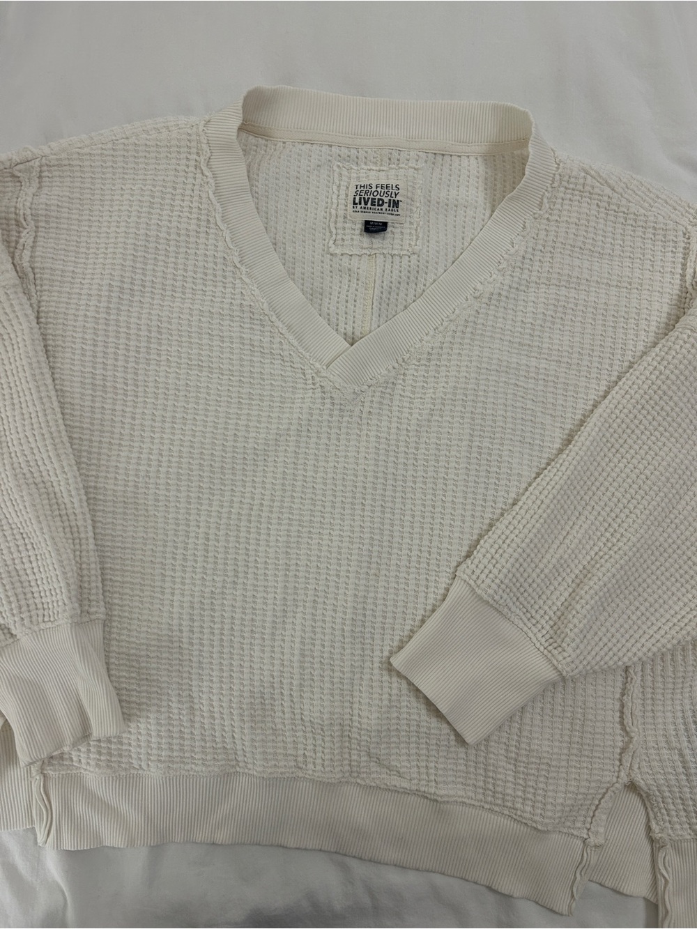 American Eagle Outfitters Ivory Waffle V-Neck Sweater